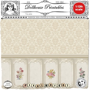 PUPPENHAUS Tapete zum Ausdrucken mit WAINSCOTING Digitales Blatt Download Miniatur Wallpaper für 1 12er Roombox Diorama