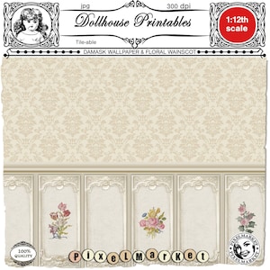 DOLLHOUSE printable Damask WALLPAPER with WAINSCOTING Digital sheet download Miniature wallpaper for 1 12th scale roombox diorama