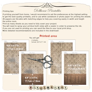 May include: Printable dollhouse wallpaper sheets with a brown and white damask pattern. The sheets are 6.9 inches by 9.7 inches and 17.7 centimetres by 24.8 centimetres. The image shows four sheets of printable wallpaper, a pair of scissors, and the text "Dollhouse Printables".