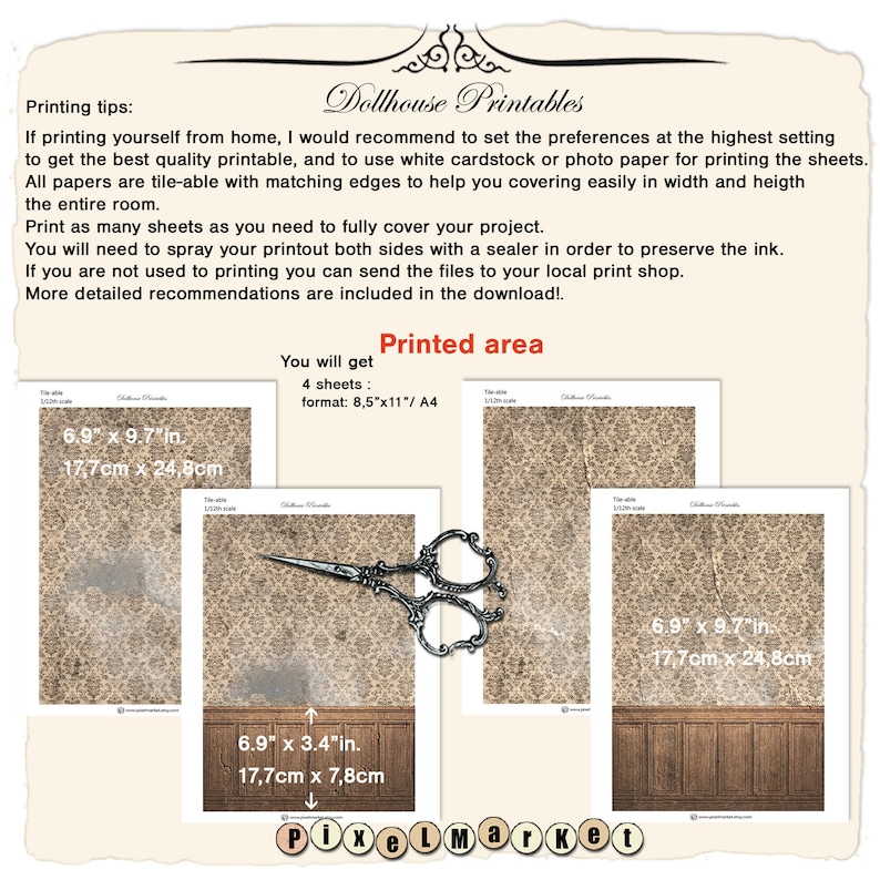 May include: Printable dollhouse wallpaper sheets with a brown and white damask pattern. The sheets are 6.9 inches by 9.7 inches and 17.7 centimetres by 24.8 centimetres. The image shows four sheets of printable wallpaper, a pair of scissors, and the text "Dollhouse Printables".