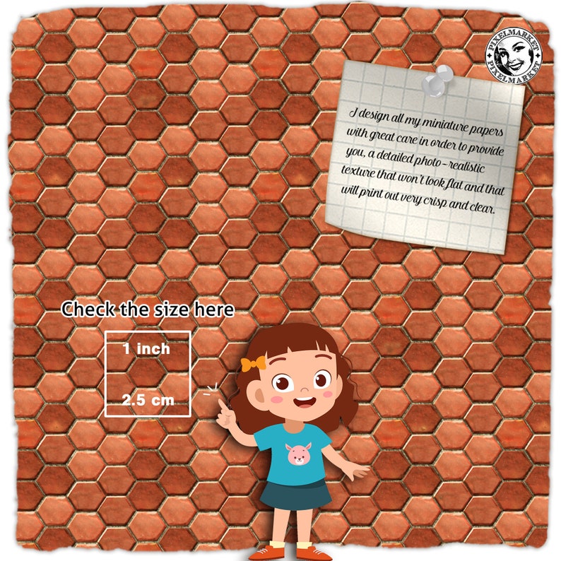 May include: A girl points to a size chart showing 1 inch is equal to 2.5 cm. The chart is on a brick wall background. The text "Check the size here" is above the chart. A note on the wall reads "I design all my miniature papers with great care in order to provide you, a detailed photo-realistic texture that won't look flat and that will print out very crisp and clear."