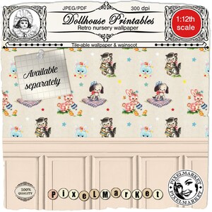 Peut inclure: Un papier peint imprimable pour maison de poup&eacute;e avec un motif de nurserie r&eacute;tro avec un motif r&eacute;p&eacute;titif de lapins, de chatons et de chiots. Le papier peint est tuilable et est disponible en &eacute;chelle 1:12.