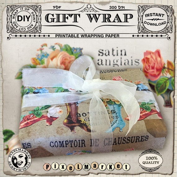 Wrapping Paper Printable Giftwrap French Ephemera Victorian Shoes Digital Collage Sheet Printable Download Shabby Paper CardMaking l04