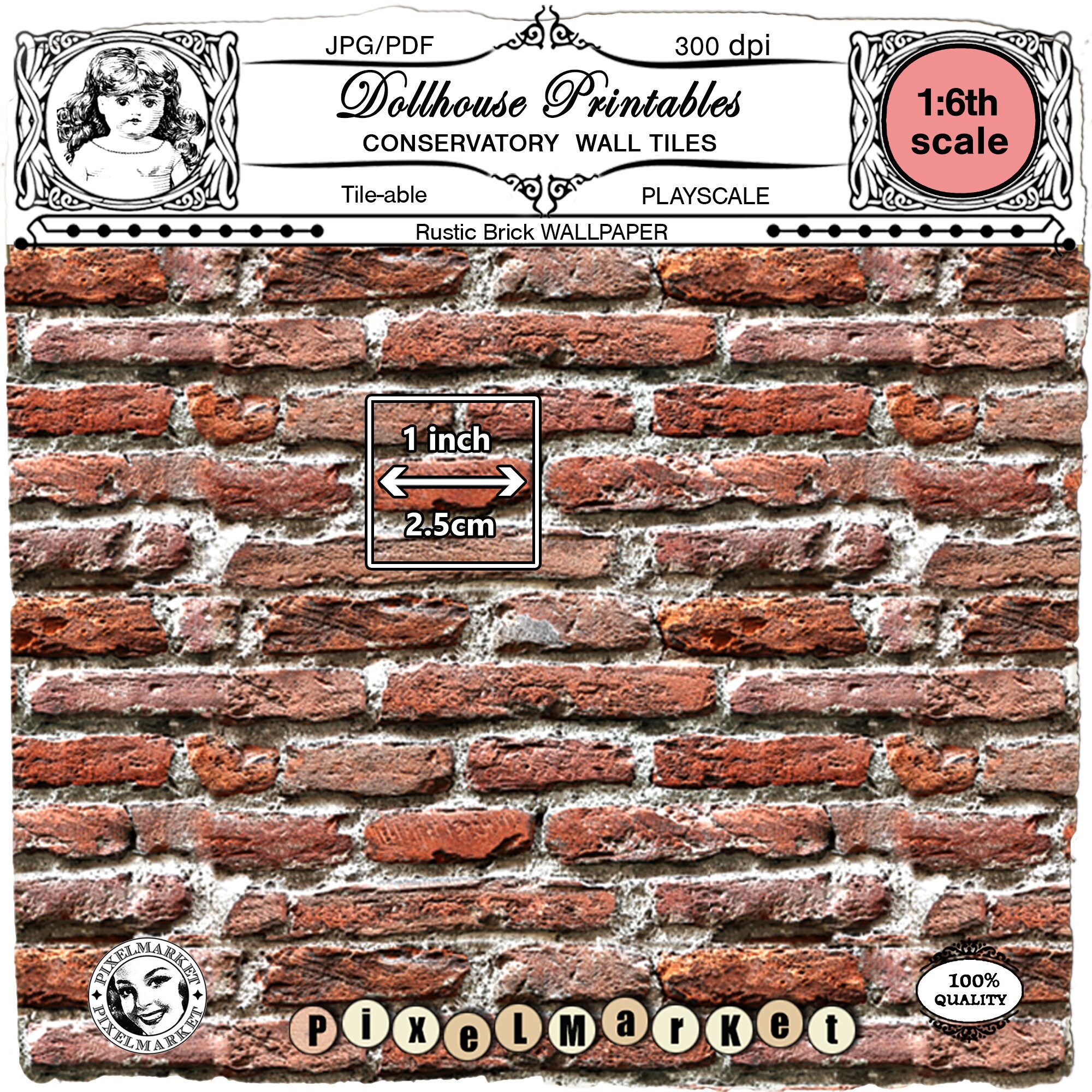 Dollhouse printable rustic BRICK tiles wallpaper Playscale Brick wall tiles Digital download for 1/6 Miniature doll's house conservatory