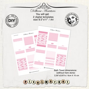 May include: Two printable sheets of digital templates for dollhouse miniatures. Each sheet has 8 pink and white bath towels with floral and lace designs. The towels are 2.36 inches by 3.93 inches, or 6 centimeters by 10 centimeters.