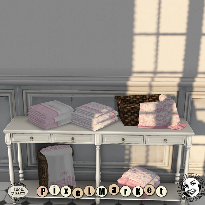 May include: A white wooden table with three drawers and turned legs, displaying stacks of pink and white towels with floral embroidery. A wicker basket with a pink and white floral towel is also on the table.