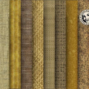 May include: A collection of ten different woven textures in shades of brown and beige. The textures include a variety of weaves, including plain weave, twill weave, and basket weave.