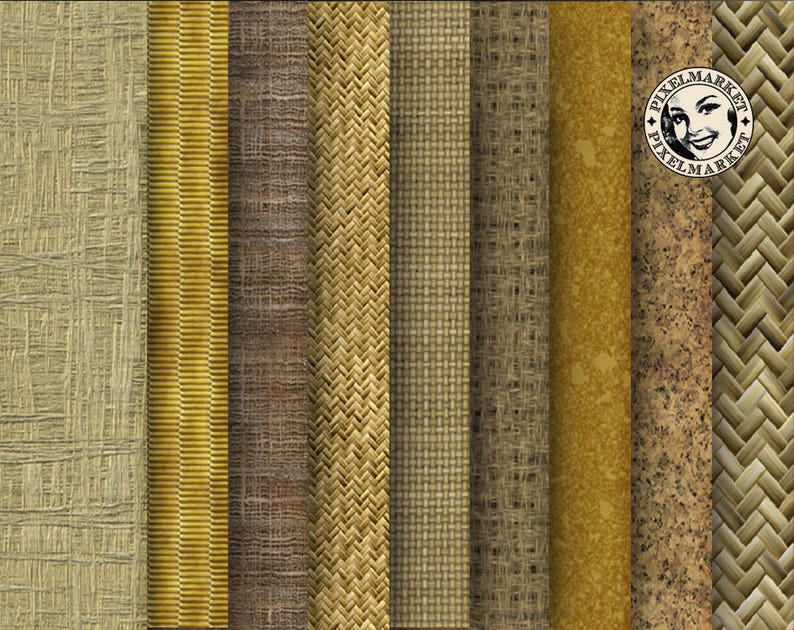 May include: A collection of ten different woven textures in shades of brown and beige. The textures include a variety of weaves, including plain weave, twill weave, and basket weave.