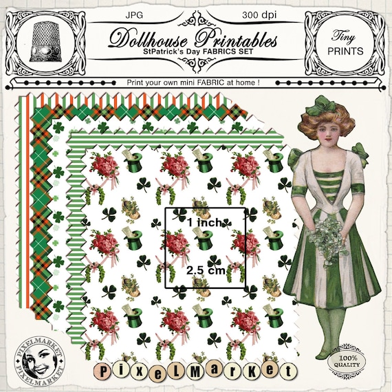 MINIATURE FABRICS St Patrick's Day Printable Irish shamrock fabric sheets for dollhouse Digital download Print at home Iron on transfer