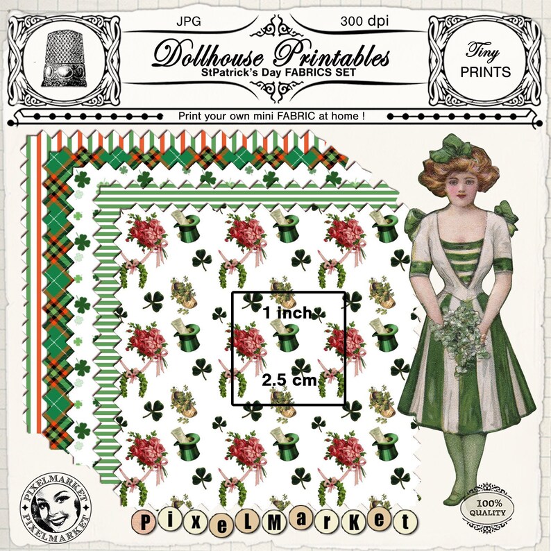 May include: Printable dollhouse fabric set with a St. Patrick's Day theme. The set includes three different patterns featuring shamrocks, hats, flowers, and a green and white plaid pattern. The fabric is 1 inch (2.5 cm) square.