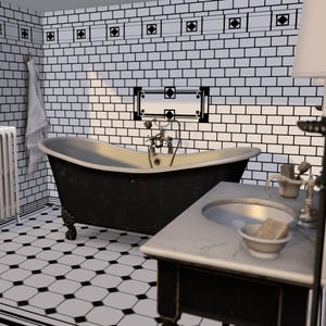 DOLLHOUSE Flooring ART DECO Bathroom 1/12 scale Black & White Floor tiles Printable download Digital sheet for Diorama Roombox image 2