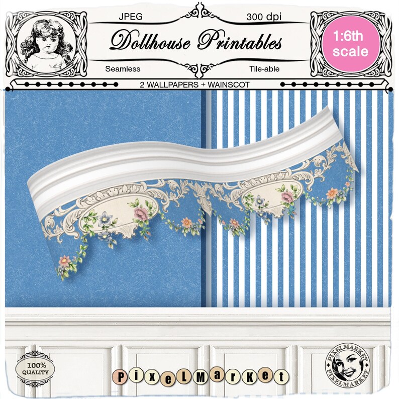 Printable Set of 2 Dollhouse WALLPAPERS W/ Floral BORDER & Etsy