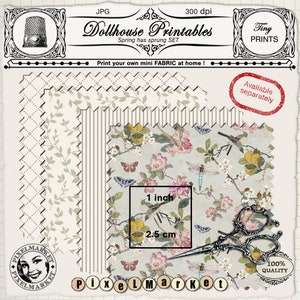 May include: Three printable fabric designs for dollhouses. The designs include a floral pattern with butterflies and dragonflies, a striped pattern, and a vine pattern. The floral pattern is on a light blue background with pink flowers, yellow lemons, and green leaves. The striped pattern is white and gray. The vine pattern is white with green vines. The designs are 1 inch (2.5 cm) square.