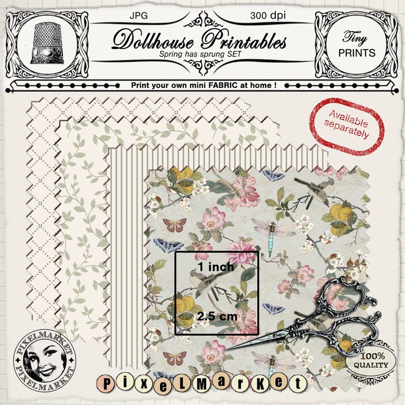 May include: Three printable fabric designs for dollhouses. The designs include a floral pattern with butterflies and dragonflies, a striped pattern, and a vine pattern. The floral pattern is on a light blue background with pink flowers, yellow lemons, and green leaves. The striped pattern is white and gray. The vine pattern is white with green vines. The designs are 1 inch (2.5 cm) square.