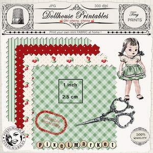 May include: Three printable fabric patterns featuring a green and white gingham, red and white polka dot, and a white background with red cherries. The patterns are 1 inch (2.5 cm) square and are available separately. The image also includes a vintage doll, scissors, and a logo for Pixel Market.
