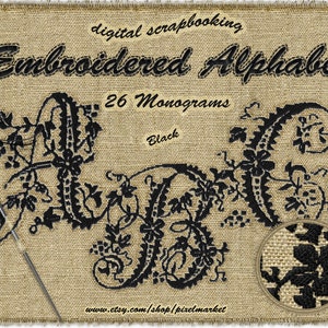 Vintage MONOGRAMAS BORDADOS ALFABETO Letras Clipart Fonte Alpha Png Digital Scrapbooking Web DieCut Letter Stamp Bordado Preto Abc a05