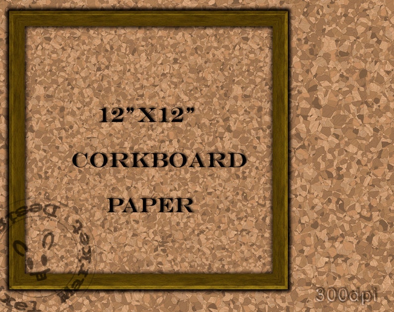 May include: A brown corkboard with a wooden frame. The corkboard is 12 inches by 12 inches and has the text "12" X 12" CORKBOARD PAPER" printed on it.