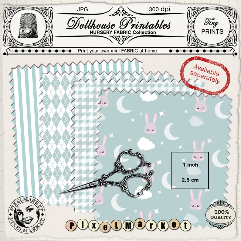 May include: Three printable nursery fabric designs featuring a light blue background with white stars, white clouds, and pink bunnies with closed eyes. The designs also include white crescent moons. The fabric is 1 inch (2.5 cm) square.