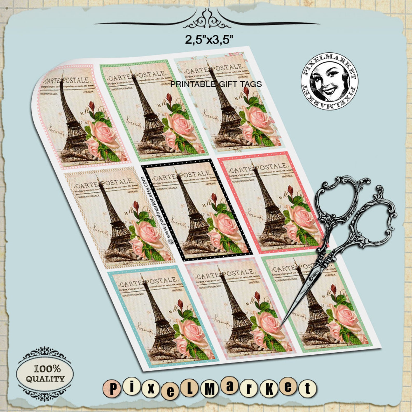 French Vintage Gift Tags Digital Collage Sheet EIFFEL TOWER PARIS ...