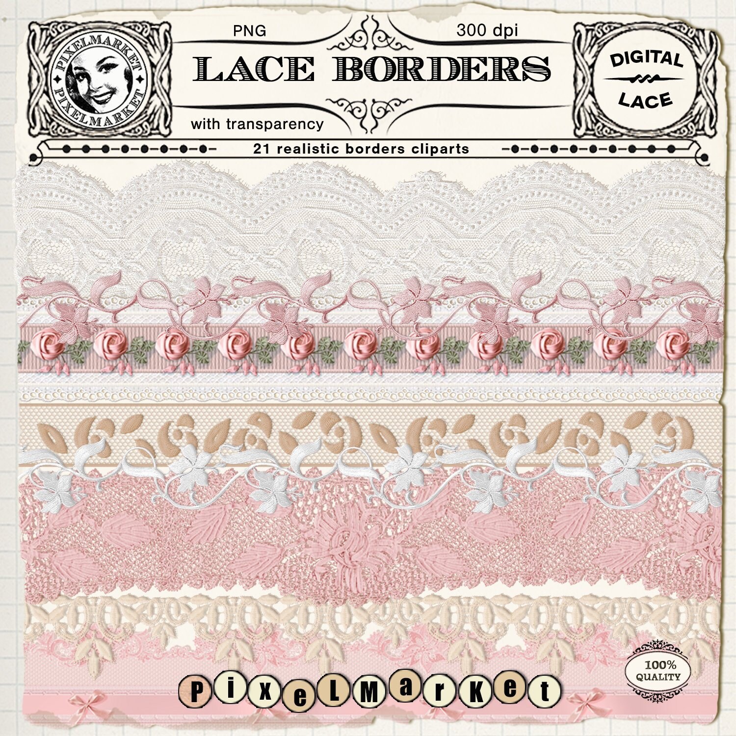 Wide pink Lace Ribbon Trim With Big Flower Stock Vector