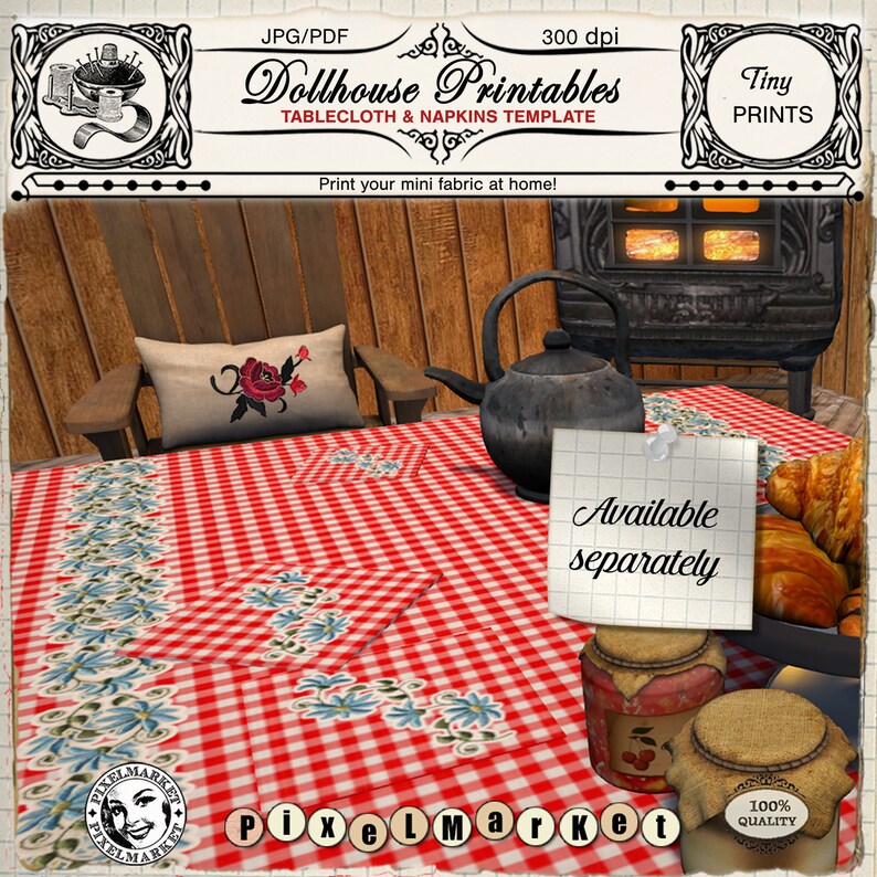 May include: Red and white checkered tablecloth with blue floral embroidery, a teapot, a jar of jam, and a plate of pastries. The text "Available separately" is written on a white note.