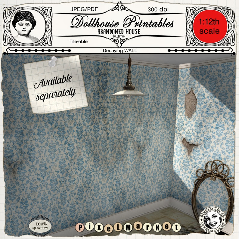 May include: A dollhouse printable of a decaying wall with blue and white patterned wallpaper. The printable is part of the Abandoned House Collection and is available in 1:12th scale. The text "Decaying WALL" is visible in the image.
