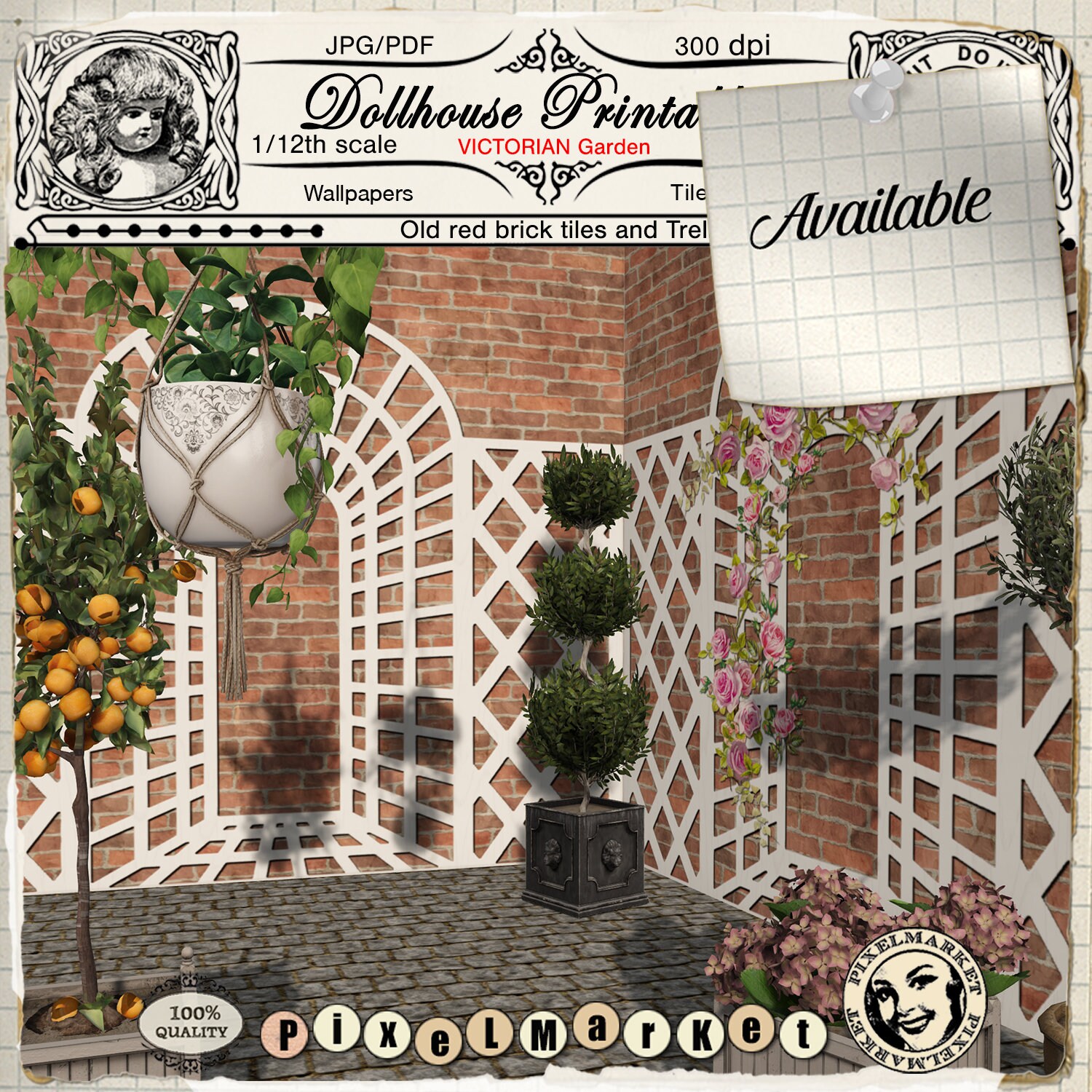 DOLLHOUSE Wallpaper 1/12th printable RED BRICKS wall tile w/ | Etsy