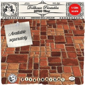 May include: A printable dollhouse flooring pattern featuring a brick design in shades of brown and orange. The pattern is labeled "Embossed Brick Linoleum" and is designed for a 1:12 scale dollhouse. The image includes the text "Dollhouse Printables Retro Vibes".