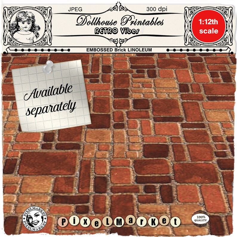 May include: A printable dollhouse flooring pattern featuring a brick design in shades of brown and orange. The pattern is labeled "Embossed Brick Linoleum" and is designed for a 1:12 scale dollhouse. The image includes the text "Dollhouse Printables Retro Vibes".