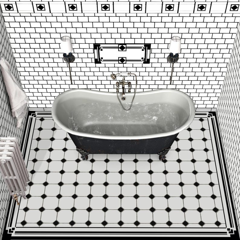 DOLLHOUSE Flooring ART DECO Bathroom 1/12 scale Black & White Floor tiles Printable download Digital sheet for Diorama Roombox image 3