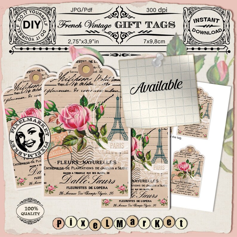 Op de afbeelding: Set met printbare Franse vintage cadeau-etiketten met een Parijs-thema met een Eiffeltoren, roze rozen en de tekst "FLEURS NATURELLES" en "Dalle Seurs FLEURISTES DE L'OP&Eacute;RA".