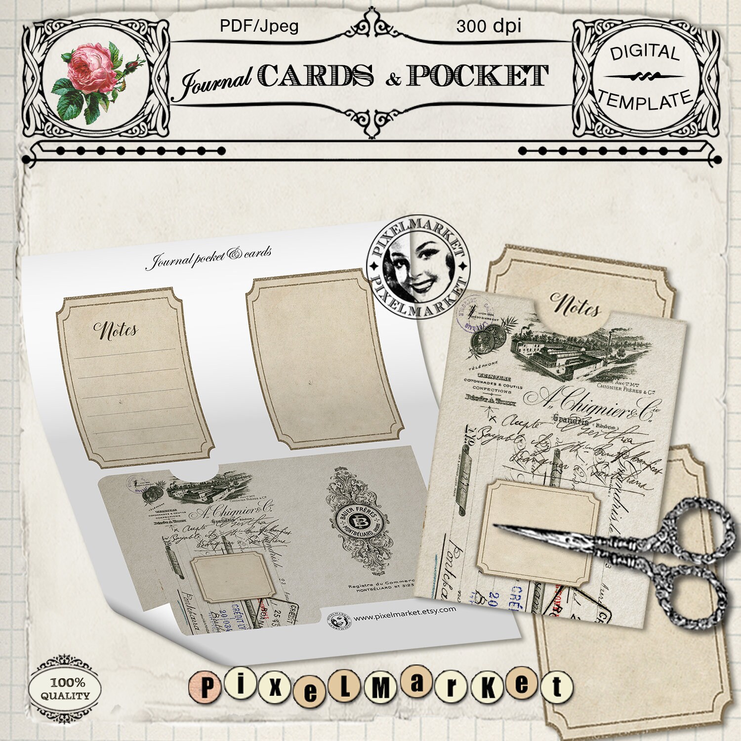 Journal Cards &amp; Pocket Printable Template French Vintage | Etsy