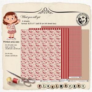 May include: Four digital paper sheets in a red and white gingham pattern, a red and white striped pattern, a beige and red floral pattern, and a beige and red striped pattern. The printed area size is 8.5 inches by 10.7 inches or 21.59 cm by 27.18 cm.