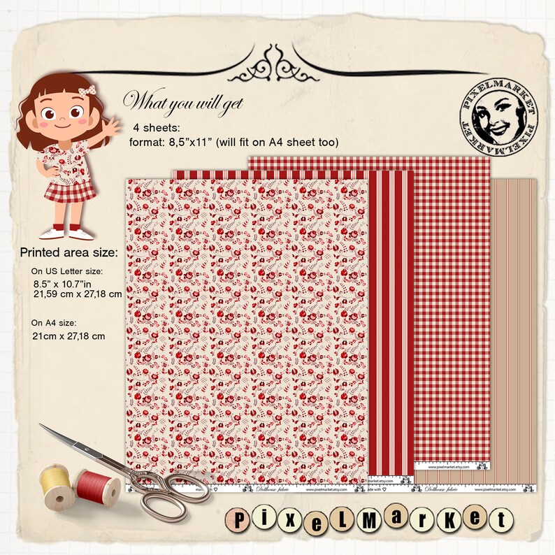 May include: Four digital paper sheets in a red and white gingham pattern, a red and white striped pattern, a beige and red floral pattern, and a beige and red striped pattern. The printed area size is 8.5 inches by 10.7 inches or 21.59 cm by 27.18 cm.