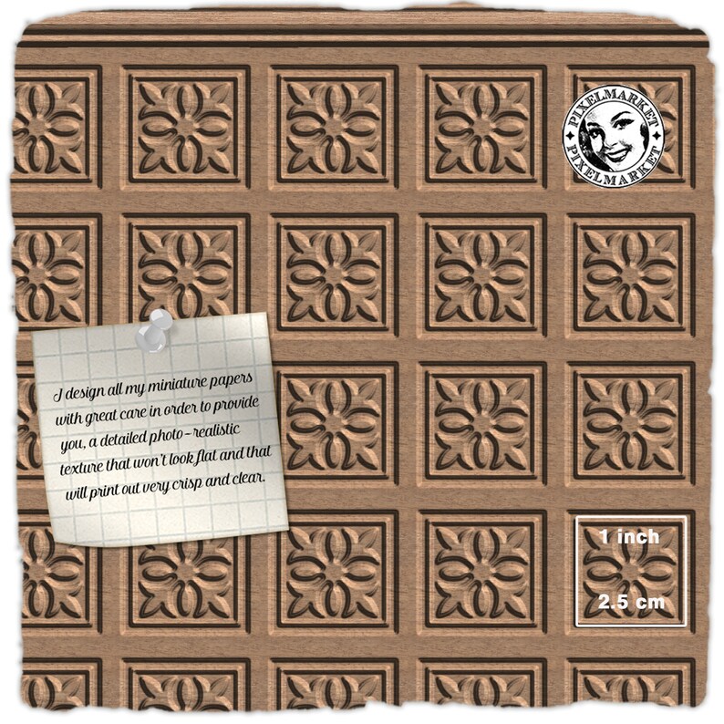 May include: A seamless pattern of brown wood squares with a carved floral design. The pattern is repeated throughout the image. The image includes the text "PIXELMARKET" and a measurement of 1 inch and 2.5 cm.