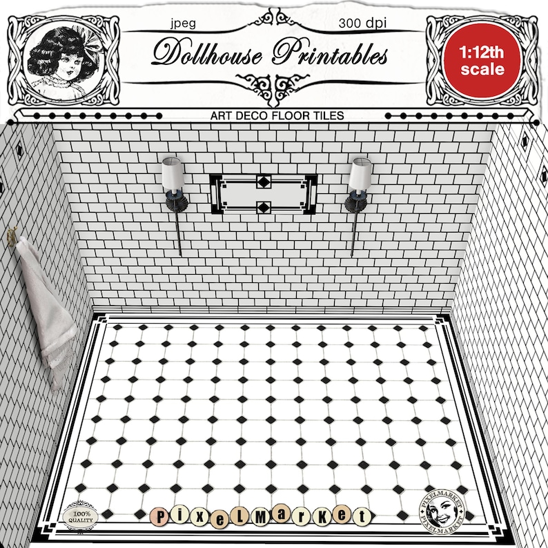 DOLLHOUSE Flooring ART DECO Bathroom 1/12 scale Black & White Floor tiles Printable download Digital sheet for Diorama Roombox image 1