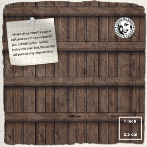 May include: A close-up of a wooden surface with a note attached to it. The note reads: "I design all my miniature papers with great care in order to provide you, a detailed photo-realistic texture that won't look flat and that will print out very crisp and clear." A circular stamp with the text "PIXELMARKET" is visible in the upper right corner of the image. The image also includes a scale bar with the text "1 inch" and "2.5 cm".