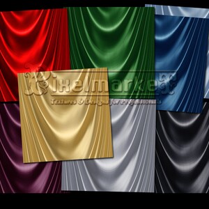 May include: A selection of digitally created textures in colours such as red, green, gold, blue, silver, and black. Each texture has a flowing, draped design with subtle highlights and shadows. The image includes the text "Pixelmarket Textures & Designs".