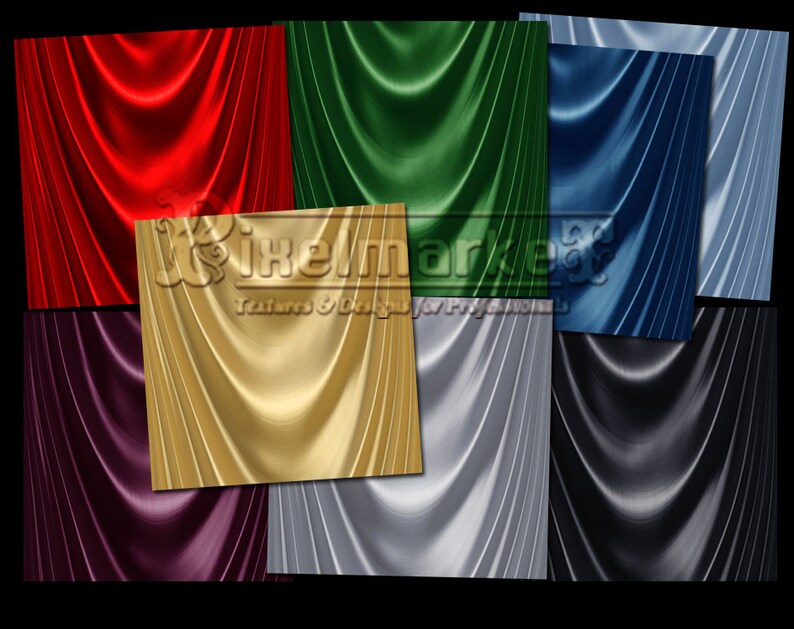 May include: A selection of digitally created textures in colours such as red, green, gold, blue, silver, and black. Each texture has a flowing, draped design with subtle highlights and shadows. The image includes the text "Pixelmarket Textures & Designs".