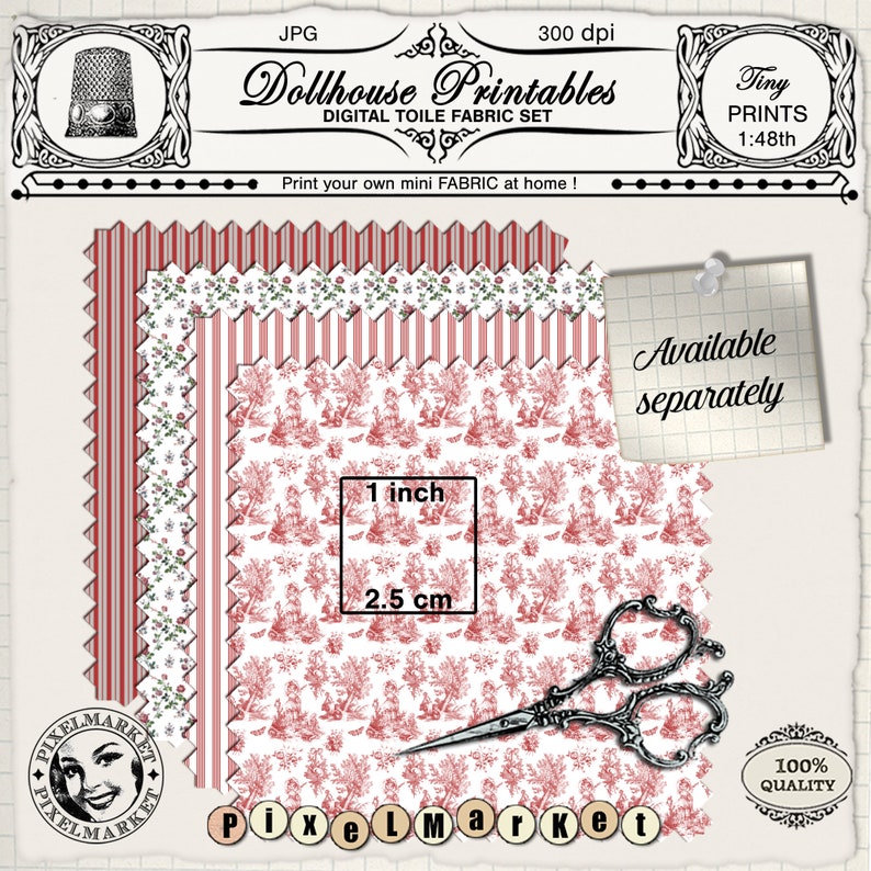 MINIATURE Chinoiserie FABRICS Printable sheets for 1/24th scale dollhouse diorama roombox Digital download Print at home fabric image 8