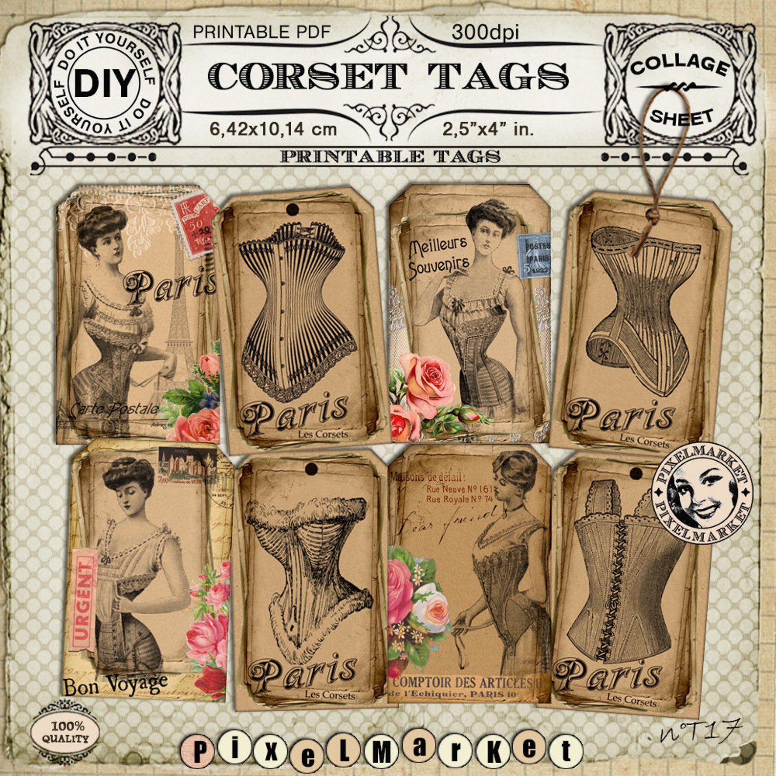 French Vintage Gift Tags Digital Collage Sheet EIFFEL TOWER PARIS ...