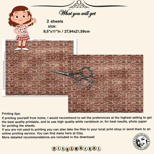 May include: Two printable sheets of a brick wall pattern, measuring 8.5 inches by 11 inches. The sheets are designed for use in dollhouse miniature projects. A pair of silver scissors is shown on top of the brick wall pattern.