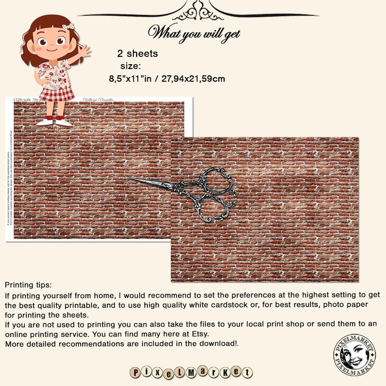 May include: Two printable sheets of a brick wall pattern, measuring 8.5 inches by 11 inches. The sheets are designed for use in dollhouse miniature projects. A pair of silver scissors is shown on top of the brick wall pattern.