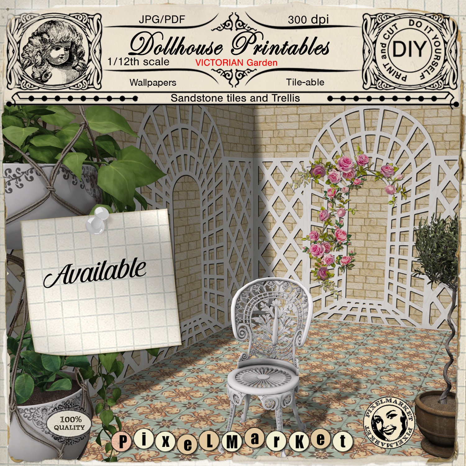 DOLLHOUSE Wallpaper 1/12th printable RED BRICKS wall tile w/ | Etsy