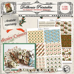 May include: Twelve printable Victorian Christmas gift wrap designs for dollhouses. The designs include a variety of patterns, including holly, angels, candy canes, and stars. The designs are in a 1:12 scale.
