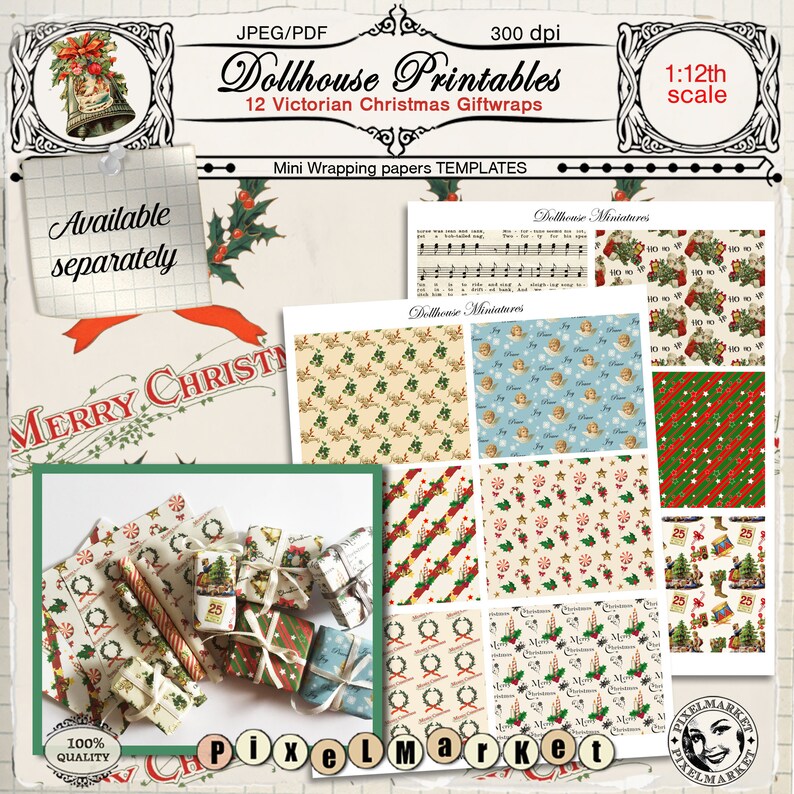 May include: Twelve printable Victorian Christmas gift wrap designs for dollhouses. The designs include a variety of patterns, including holly, angels, candy canes, and stars. The designs are in a 1:12 scale.