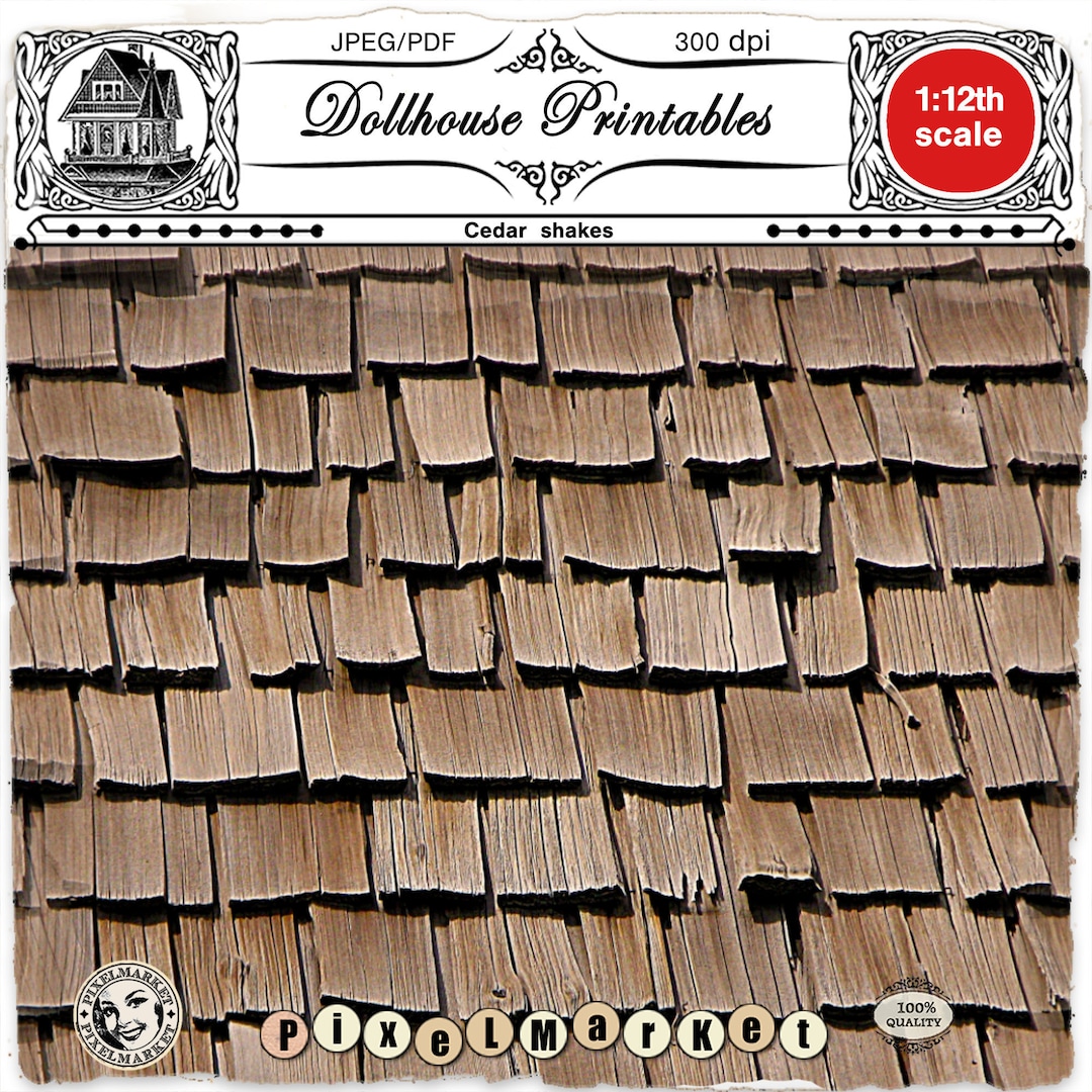Dollhouse Miniature ROOFING Wallpaper 1/12th Rustic Cedar Shake Roof Printable Sheet Download ...