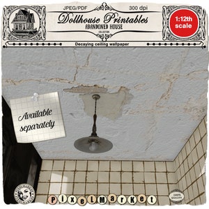 May include: A close-up of a decaying ceiling with a light fixture hanging from it. The ceiling is white with brown patches and cracks. The light fixture is a simple, silver pendant light with a clear glass bulb. The image is labelled "Decaying ceiling wallpaper" and "Dollhouse Printables Abandoned House Collection".