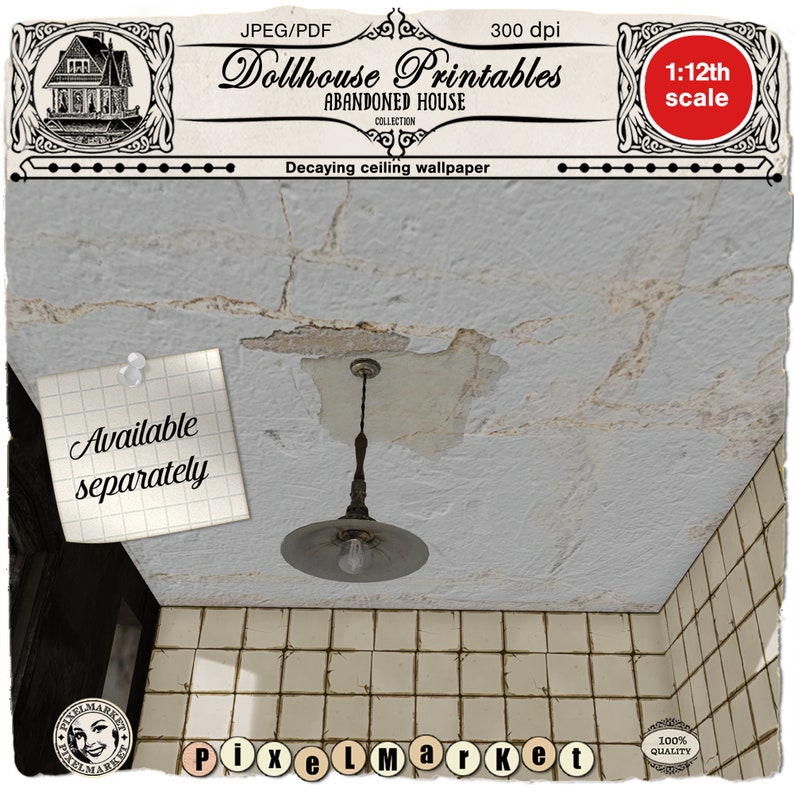 May include: A close-up of a decaying ceiling with a light fixture hanging from it. The ceiling is white with brown patches and cracks. The light fixture is a simple, silver pendant light with a clear glass bulb. The image is labelled "Decaying ceiling wallpaper" and "Dollhouse Printables Abandoned House Collection".