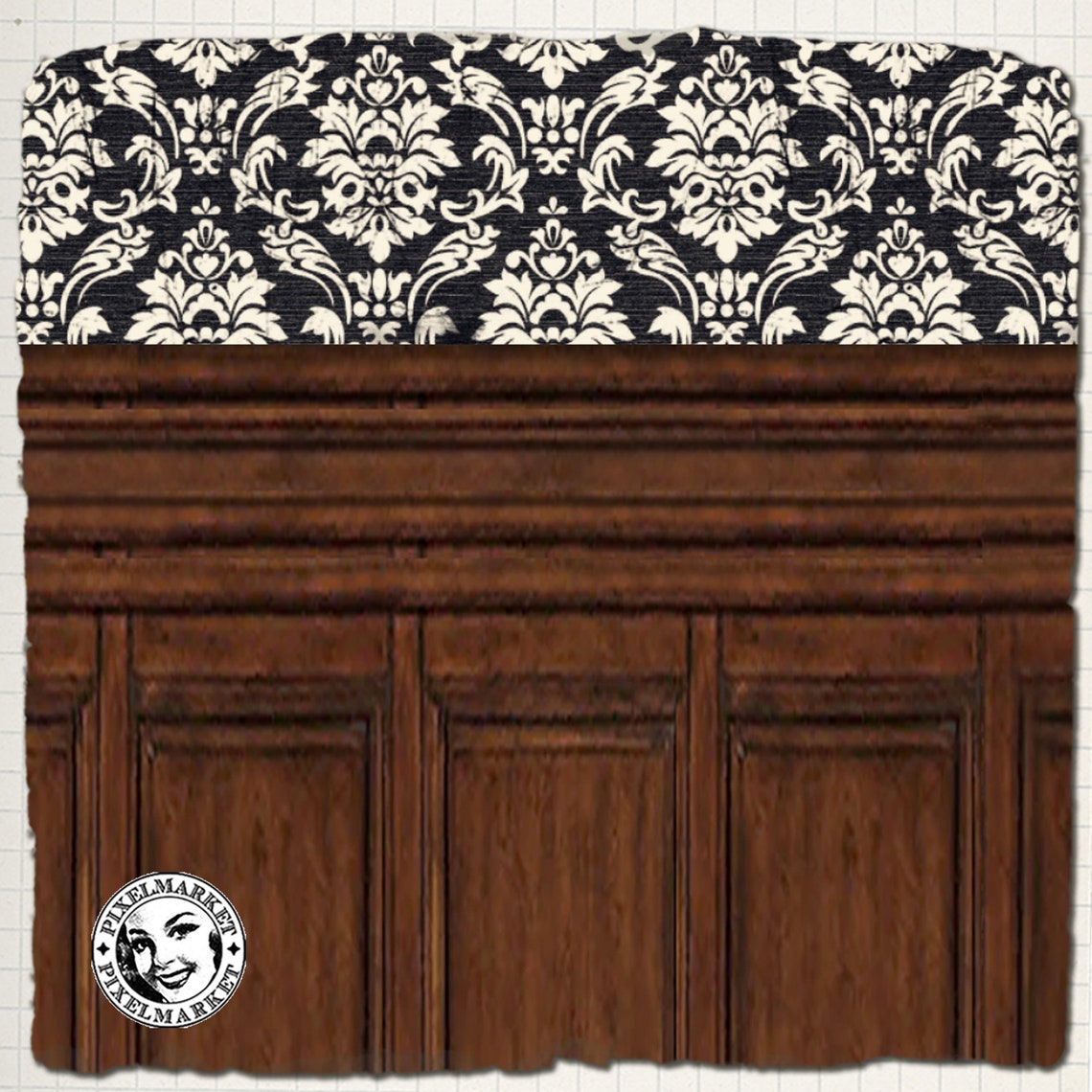 DOLLHOUSE Printable Damask WALLPAPER W/ Wood PANELLING Digital - Etsy